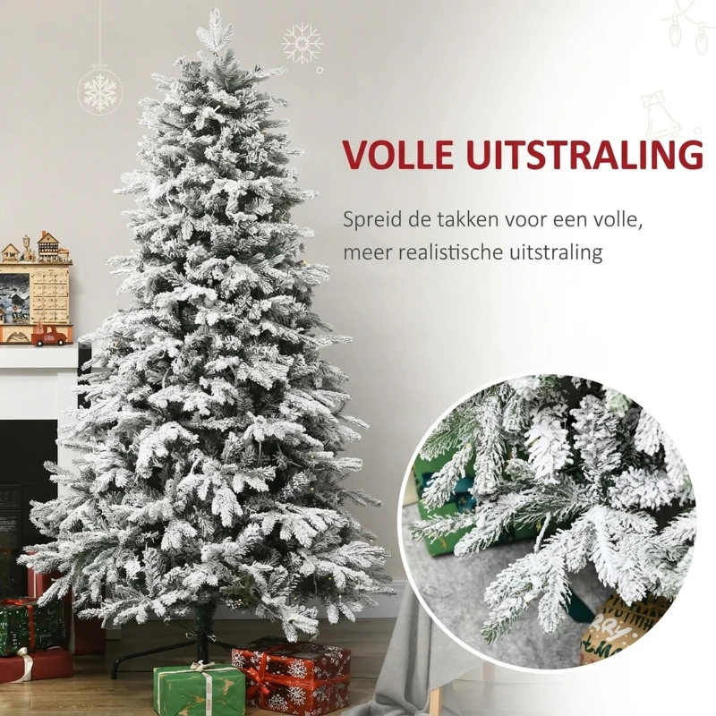 HOMCOM Kunstmatige Kerstboom, Kerstboom, Incl. Kunstmatige Sneeuw, LED-Lichten, 180 cm, Groen + Wit