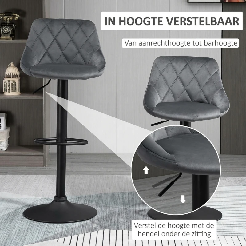 HOMCOM Set van 2 barkrukken, in hoogte verstelbare barkruk met leuning, fluweellook, metalen frame, voetensteun, draaibaar, donkergrijs