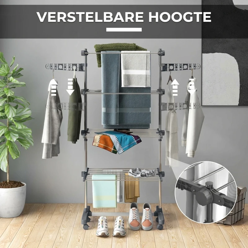 HOMCOM Opvouwbare Wasrek met 5 Niveaus, One-Klik-Systeem, 142 cm x 55 cm x 172 cm, Grijs + Zilver