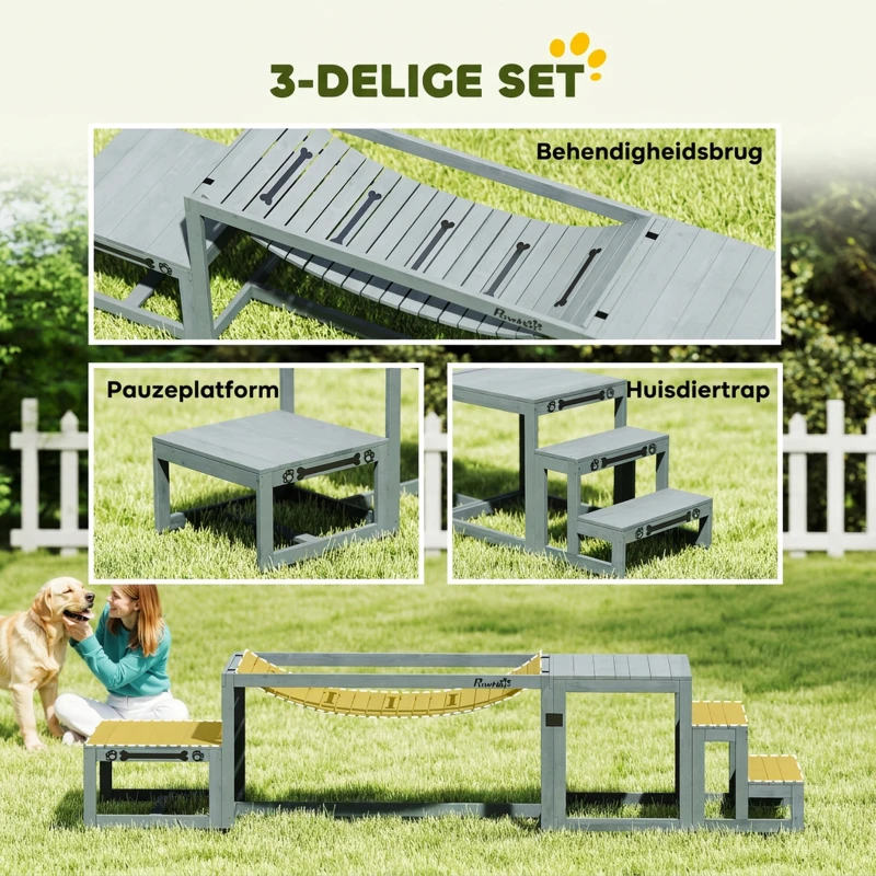 PawHut Agility-set honden 3-delig agility-uitrusting met brug, trap, platform, vurenhout, 117 x 50 x 56 cm, Grijs
