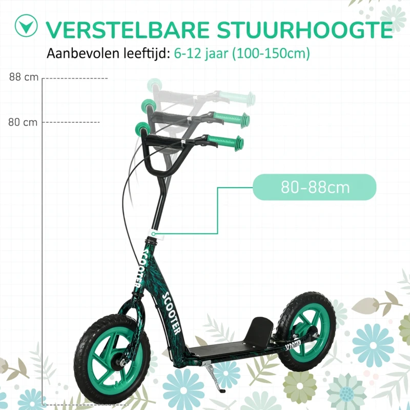 AIYAPLAY kinderstep, in hoogte verstelbare step voor kinderen, met rem, standaard, 2 wielen, staal, groen(m-4)