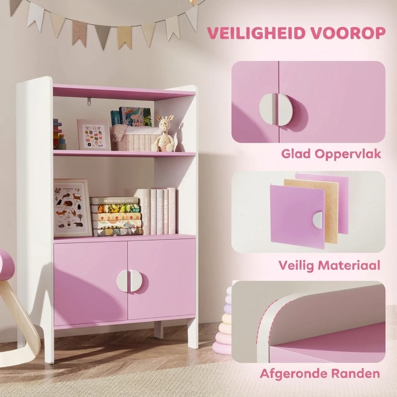 AIYAPLAY Boekenrek voor kinderen, 2 schappen, 2 kasten, vrijstaand, kantelbeveiliging, antislipvoetjes, MDF, Roze+Wit