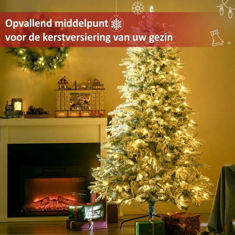 HOMCOM Kunstmatige Kerstboom, Kerstboom, Incl. Kunstmatige Sneeuw, LED-Lichten, 180 cm, Groen + Wit