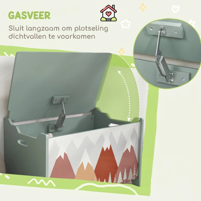 ZONEKIZ Opbergkist, speelgoedkist, klapdeksel, schattig motief, groen