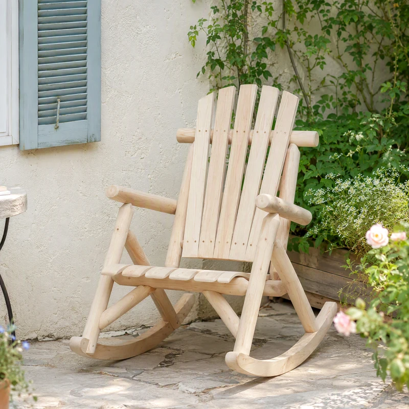 Outsunny Schaukelstuhl aus Holz Schaukelsessel mit hoher Rückenlehne wetterfest Gartenstuhl bis 113kg belastbar Relaxstuhl für Wohnzimmer Garten, Rasen, Balkon Natur