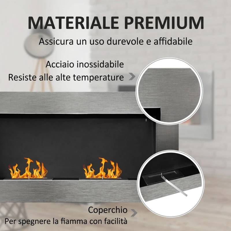 HOMCOM Camino a Bioetanolo da Parete Realizzato in Acciaio Inox con 2 Bruciatori 0.9LT 110 x 54 x 14cm