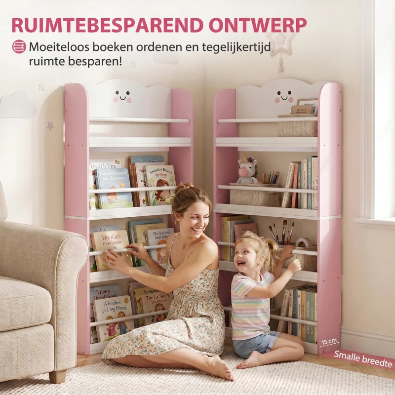 AIYAPLAY Kinderboekenrek met 4 planken, wandgemonteerd boekenrek voor kinderkamer, speelkamer, woonkamer, Roze