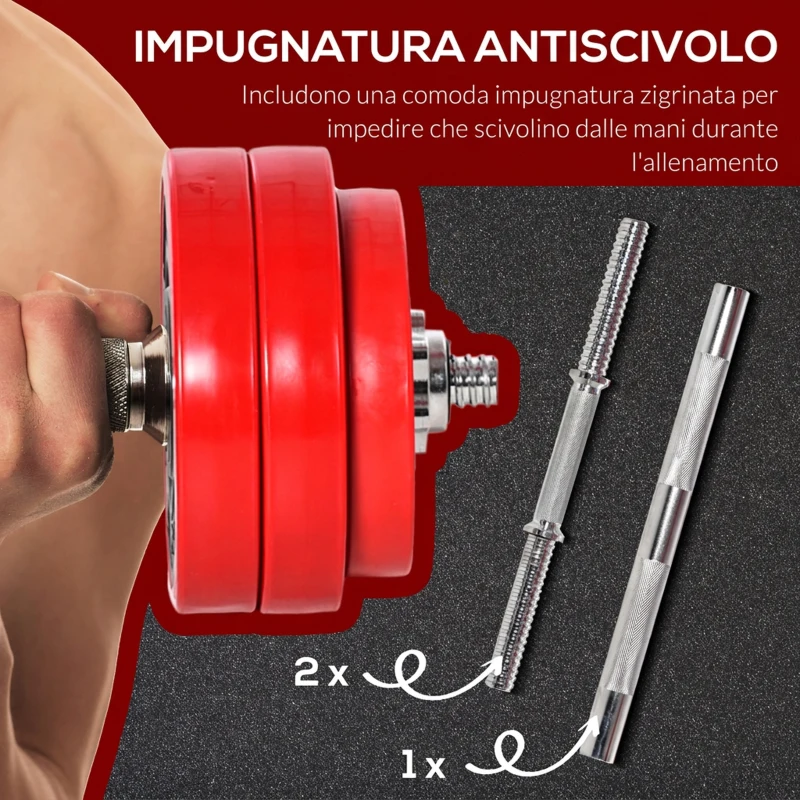 HOMCOM Set di Manubri Pesi 2 in 1 da 30kg, Dischi con Rivestimento in Plastica Antigraffio, Rosso e Nero
