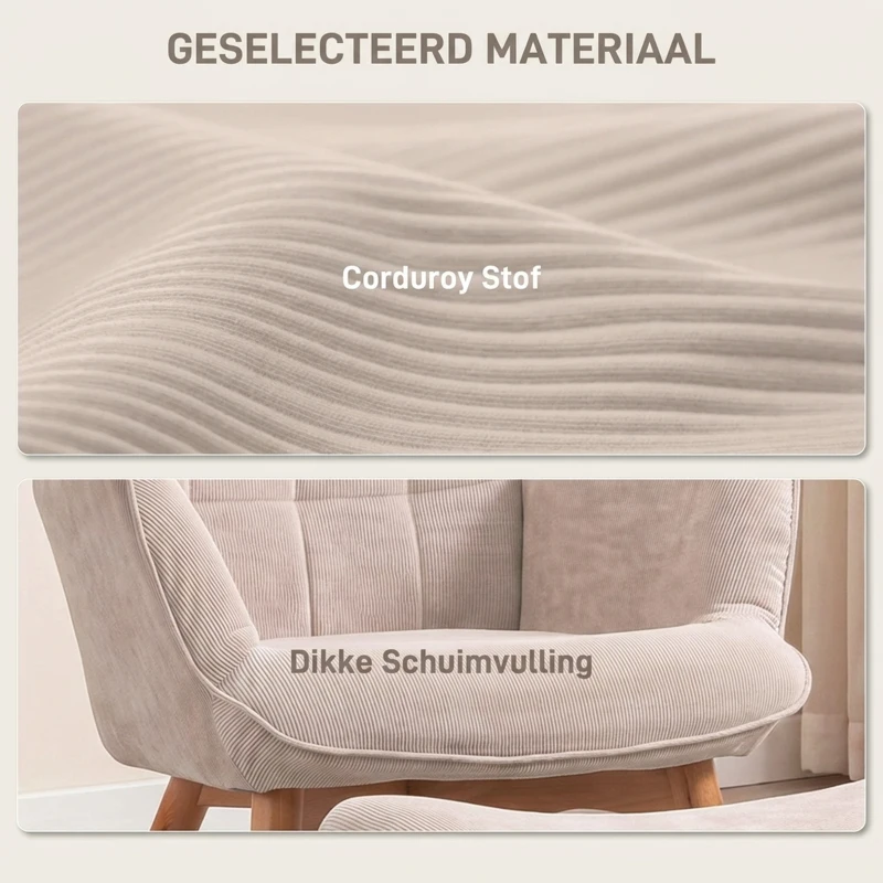 HOMCOM Fauteuil met Scandinavisch accent, voetenbank, fauteuilset, beukenhout, corduroy-look, beige(m-4)