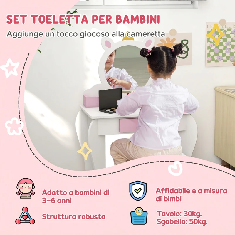 ZONEKIZ Set Toeletta Trucco Bambina con Sgabello, Specchio in Acrilico, 2 Scatole Portaoggetti, Design Unicorno, Rosa