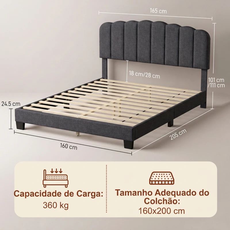 HOMCOM Cama de Casal Estofada 160x200 cm com Cabeceira Ajustável Acolchoada, Ripas de Madeira, Cinzento-Antracite