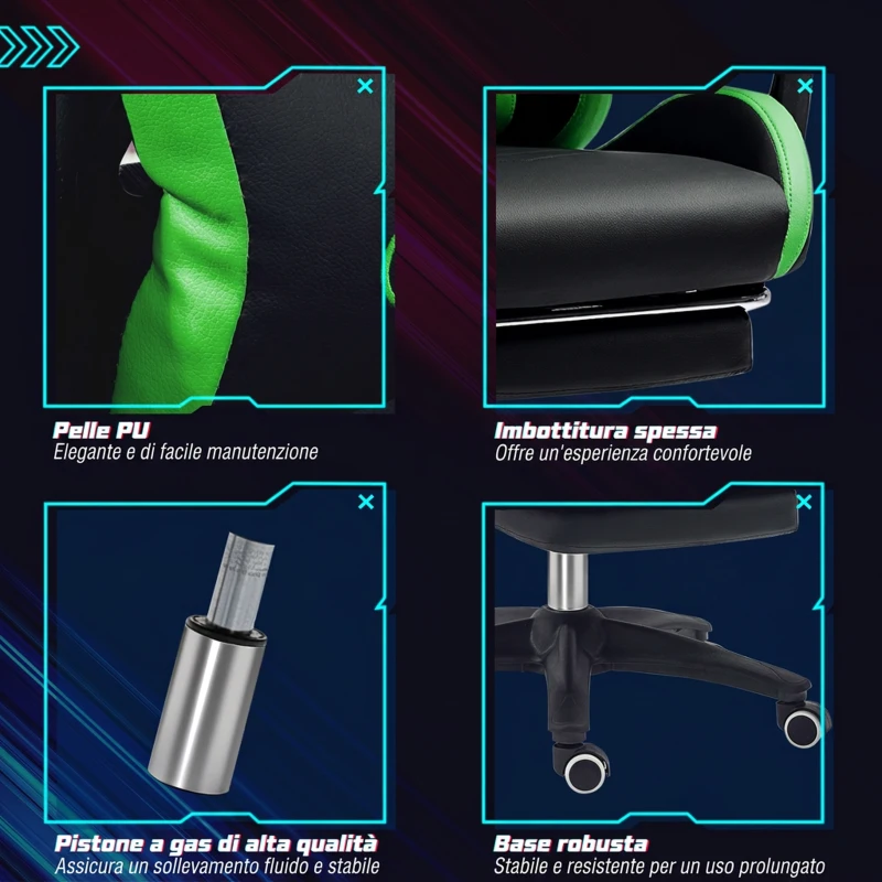 Vinsetto Sedia da Gaming con Altezza Regolabile e Schienale Reclinabile, 65x65x121-129 cm, Nero e Verde