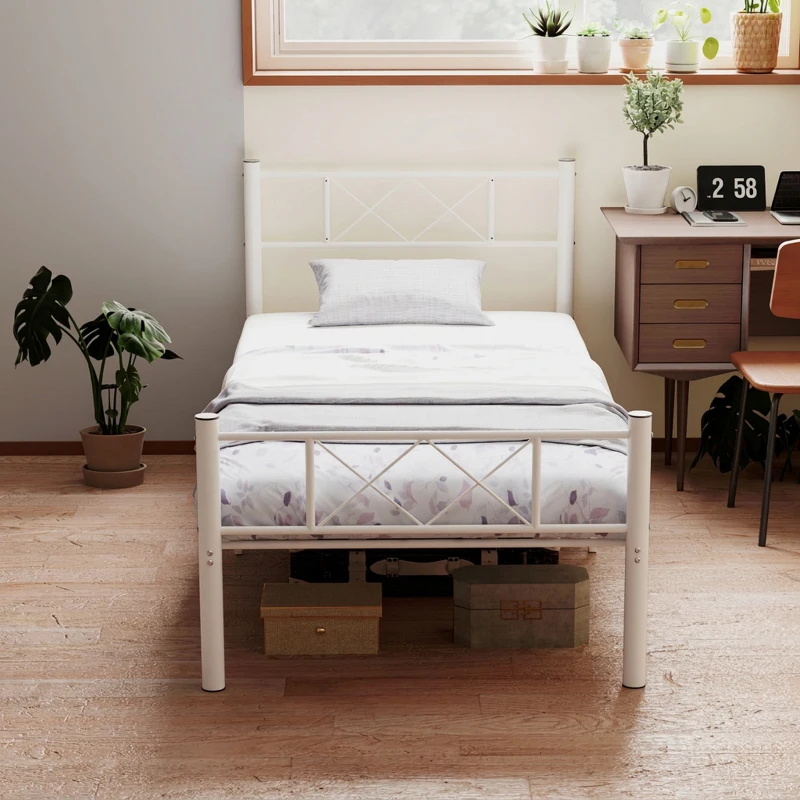 HOMCOM Eenpersoonsbedframe met Hoog Hoofdeinde, Eenvoudige Montage, Opbergruimte onder het Bed, Staal, Wit