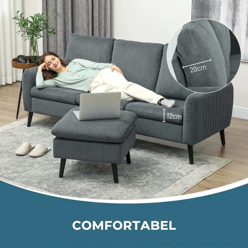 HOMCOM Hoekbank, 3-zitsbank met hocker, stoffen bekleding, L-vormige bankset, donkergrijs