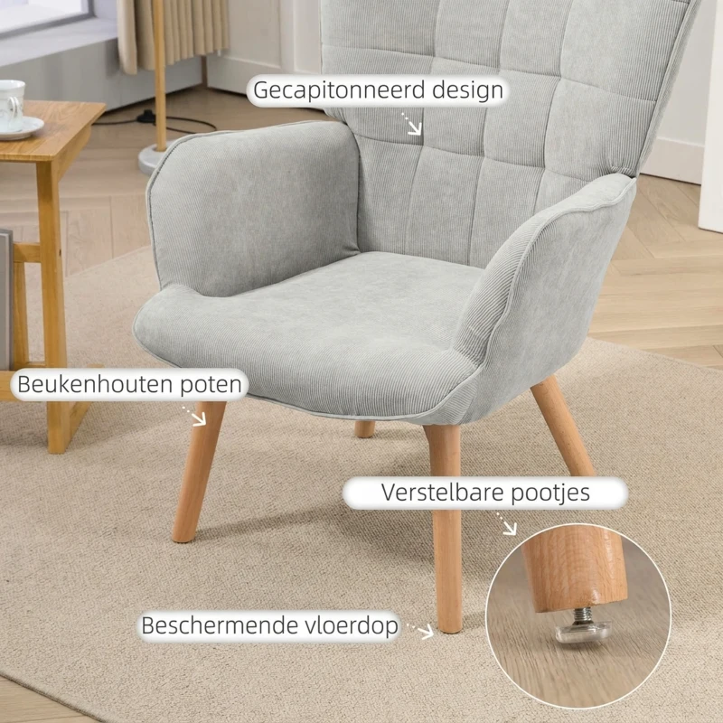 HOMCOM Akzentstoel in Scandinavisch design, oorfauteuil, set van stoelen, beukenhout, corduroy-look, grijs
