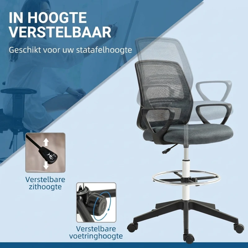 Vinsetto Ergonomische Bureaustoel met Armleuningen en Verstelbare Voetensteun, Mesh Bekleding Grijs