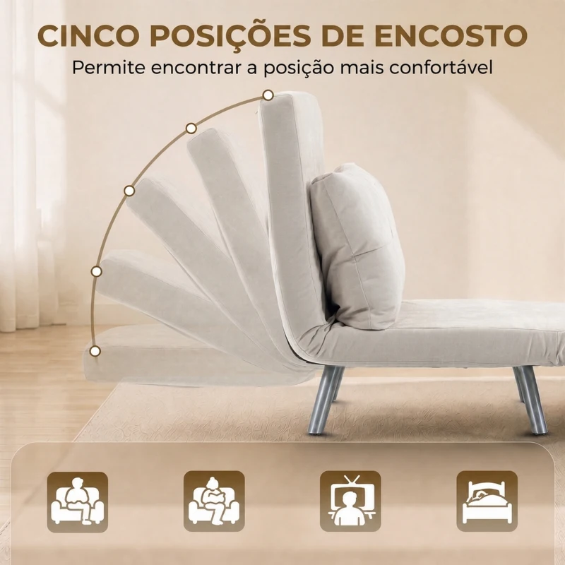 HOMCOM Poltrona-Cama em Veludo com Encosto Ajustável, Almofada e Braços em Madeira para Sala ou Quarto, Creme