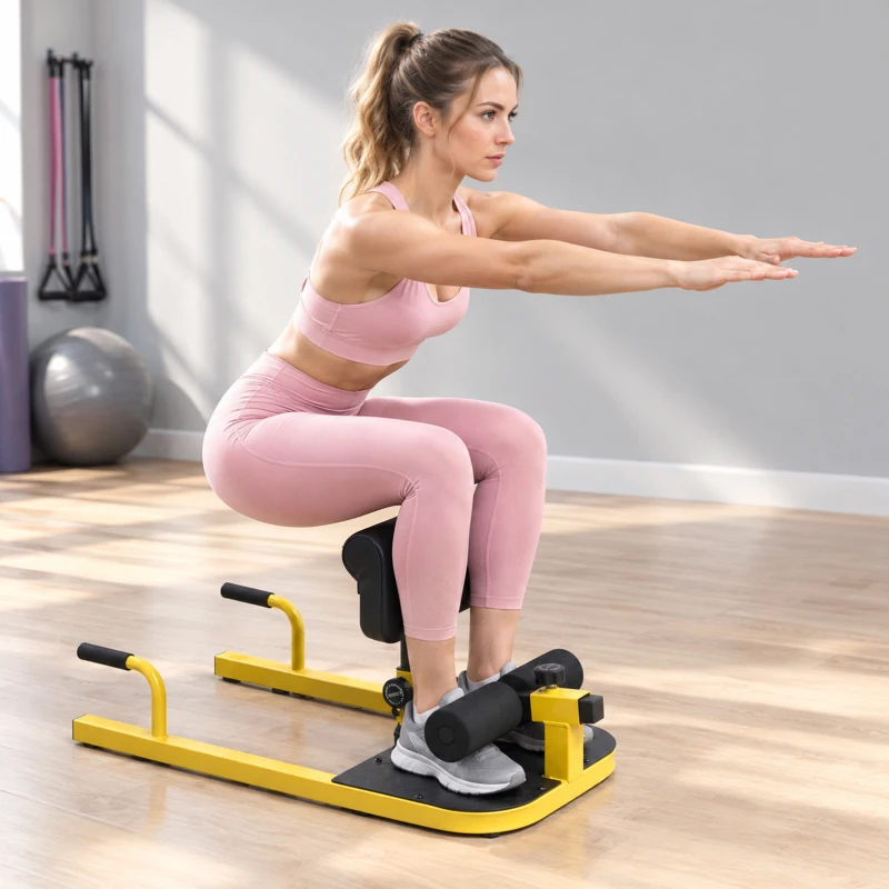 HOMCOM Sissy Squat Bench, Adjustable Squat Machine, Sit Up Machine with Push Up Stand, Leg Workout Trainer for Lower Body and Core Training, Home Gym Fitness Equipment, Yellow
