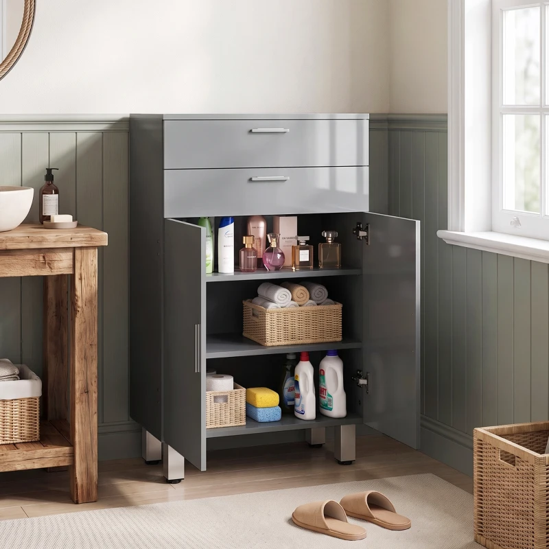 kleankin Badkamerkast, badkamercommode met 2 lades, verstelbare plank, hout, grijs