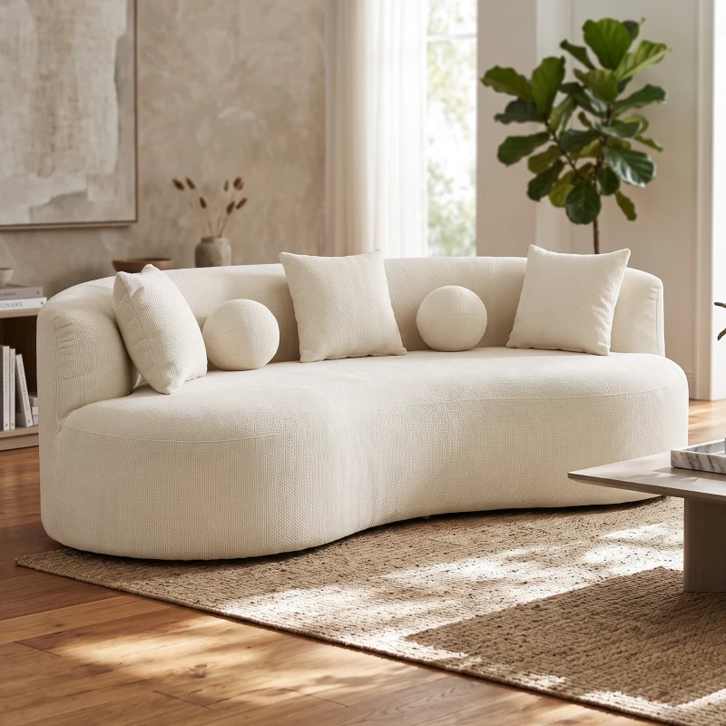 HOMCOM 3-Sitzer-Sofa ohne Gestell mit großzügiger tiefer Sitzfläche, geschwungener Rückenlehne, 2 Kissen, Chenille, Creme