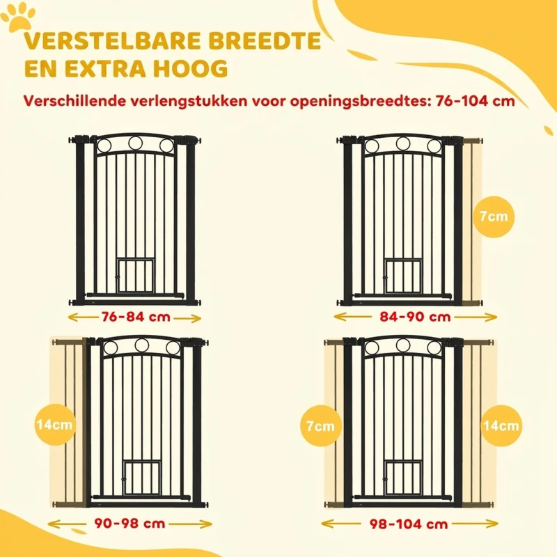 PawHut 106 cm hoog huisdierenhek met aanpasbare breedte, ingebouwde kattendeur, voor trappen en deurposten, Zwart