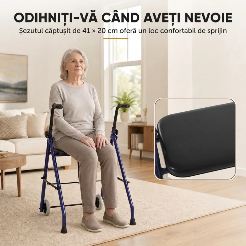HOMCOM Cadru de Mers Pliabil pentru Seniori cu Șezut Căptușit, Reglabil pe Înălțime în 8 Niveluri, 2 Roți, Albastru Închis