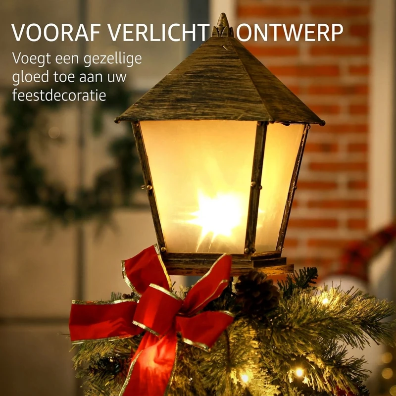 Outsunny Kerstlantaarn met Bessen, Dennenappels & Strik, LED-Lichtjes, Metalen Paal, 150 cm