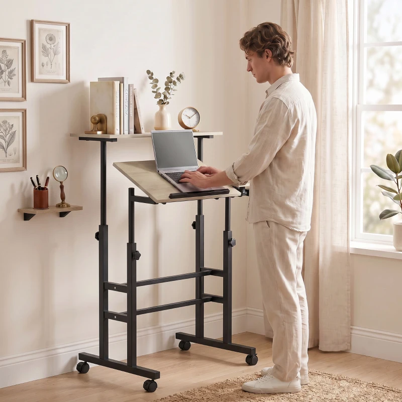 HOMCOM Bureau assis debout bureau réglable en hauteur 70 x 60 cm à roulettes avec plateau inclinable cadre en métal marron