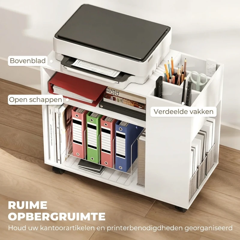 HOMCOM Printerstand Printertafel met verdeeld vak, opbergruimte voor kantoor 70 x 34 x 60 cm Wit