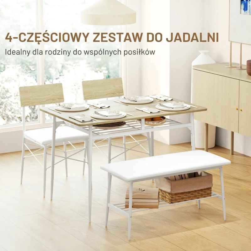 HOMCOM Zestaw jadalniany 4-osobowy, stół, ławka, 2 krzesła, dąb