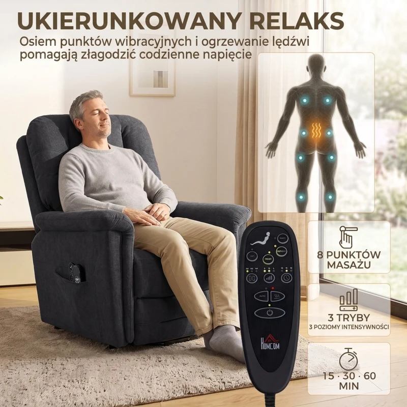 HOMCOM Elektryczny fotel dla seniora z funkcją wstawania, masażem wibracyjnym, ogrzewaniem i USB, granatowy