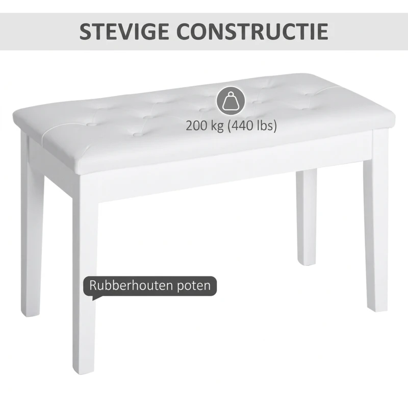HOMCOM pianokruk pianobank traditionele landelijke stijl cosmetische kruk opbergruimte rubberhout kunstleer wit 76 x 36 x 50 cm(m-7)
