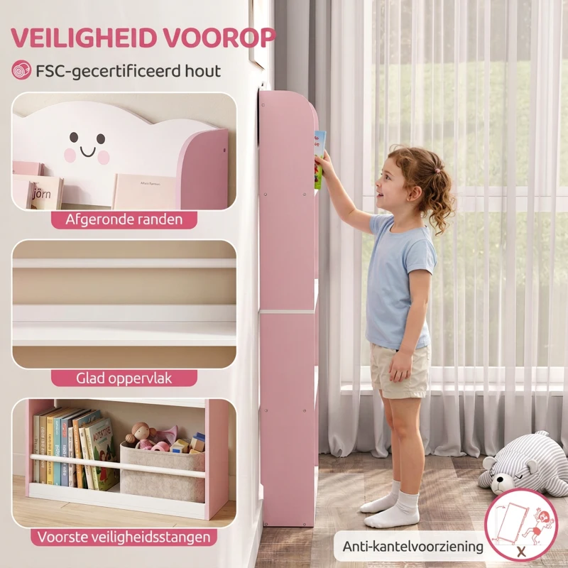 AIYAPLAY Kinderboekenrek met 4 planken, wandgemonteerd boekenrek voor kinderkamer, speelkamer, woonkamer, Roze
