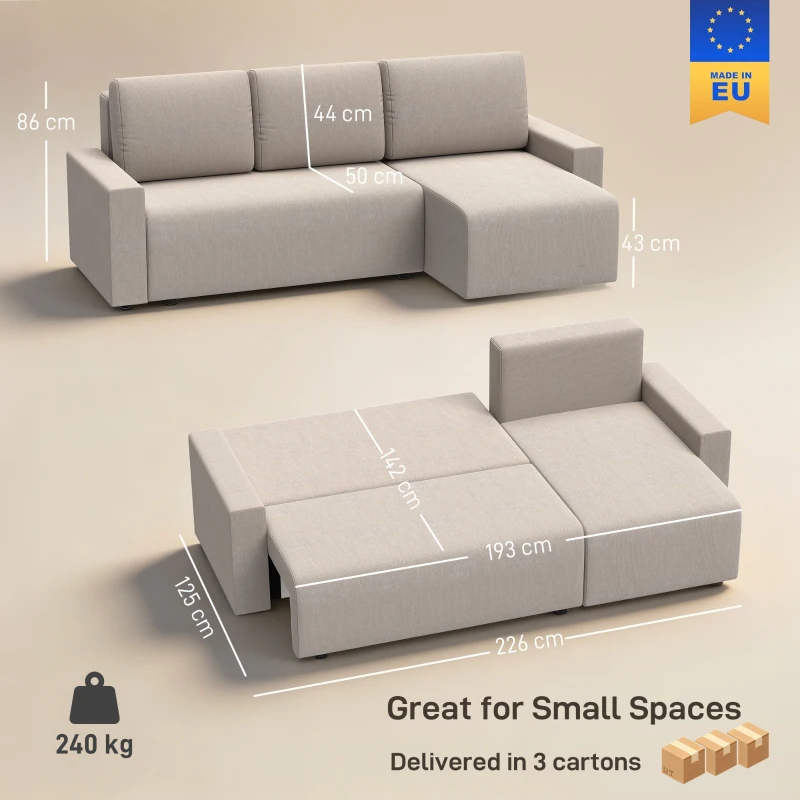 HOMCOM Hoekbank met Slaapfunctie en Omkeerbare Chaise Longue, L-vormige 3-zitsbank van Velours, Beige