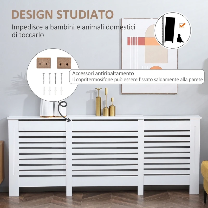 HOMCOM Copritermosifone con Larghezza Regolabile e Mensola Superiore, Copri Termosifone Moderno con Antiribaltamento, in MDF e Legno per Soggiorno, Corrioio e Ufficio, 140-202x19x82.5 cm, Bianco