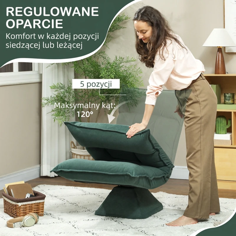 HOMCOM Krzesło Podłogowe Obrotowe 360° z 5-stopniową Regulacją Oparcia, Składane Sofa Podłogowa Medytacyjna, Wyściełane Leniwe Sofa do Salonu, Gry i Czytania, Zielone