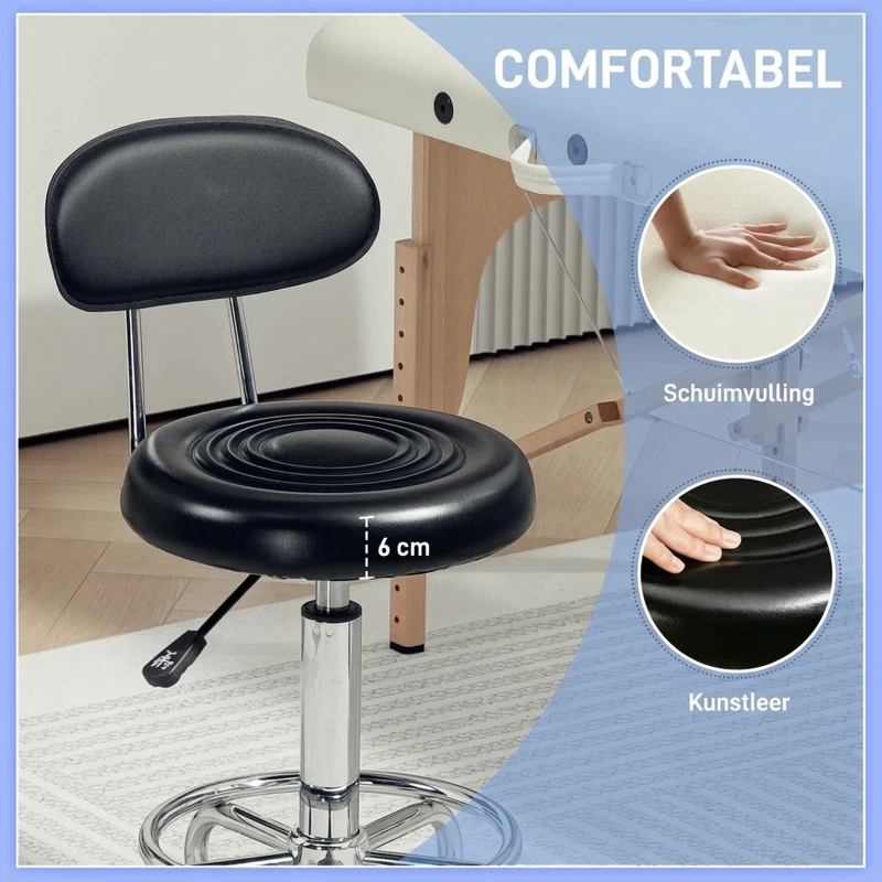 HOMCOM Rolkruk, draaibare en verstelbare kruk met rugleuning, kunstleren bekleding, voetensteun, voor kapperstafels, Zwart(m-4)