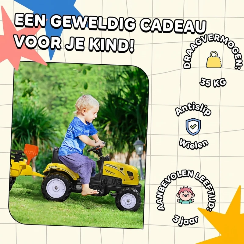 HOMCOM Pedaaltractor met aanhanger, gereedschap, claxon, voor kinderen van 3 jaar en ouder, metalen frame, zwart/geel, 133 x 42 x 51 cm(m-7)