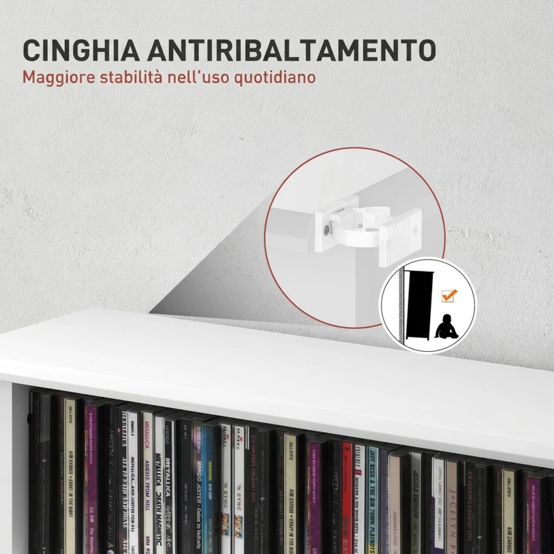 HOMCOM Scaffale Porta CD con 6 Ripiani Regolabili, Capacità di 360 CD/185 DVD, 58x24x124.5 cm, Bianco