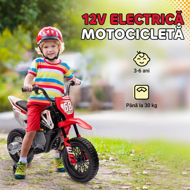 AIYAPLAY Motocicletă electrică pentru copii cu roți ajutătoare, din PP și metal, 109,5x60x72,5 cm, roșie