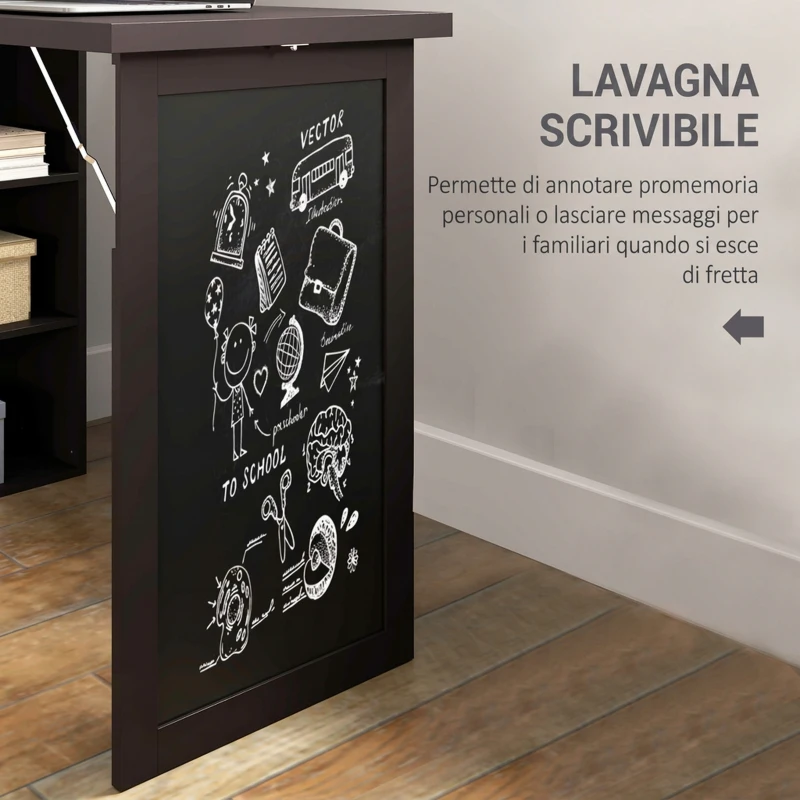 HOMCOM Scrivania Moderna Pieghevole con Libreria e Lavagna, in Legno e Metallo, 98x51x153 cm, Marrone