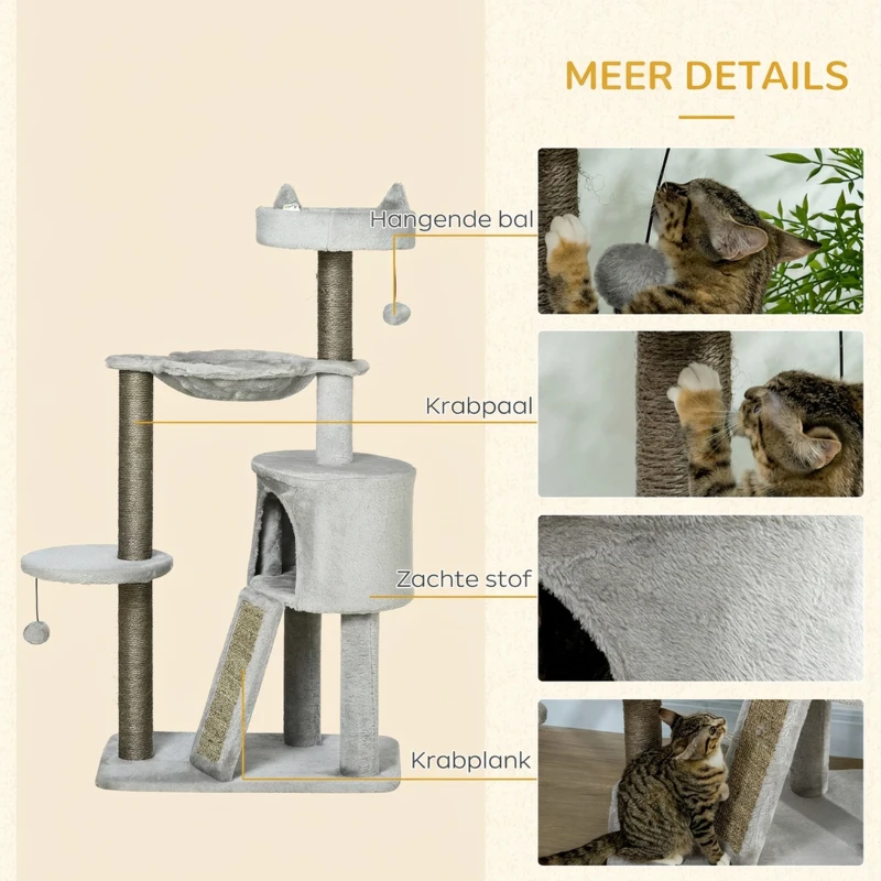 PawHut kattenboom inclusief kattengrot, kattenbed, kattenhangmat en speelgoed 60 cm x 40 cm x 113 cm, lichtgrijs