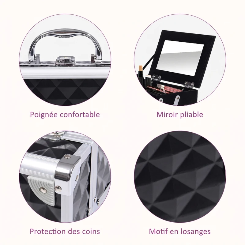 HOMCOM Mallette à maquillage rangement à 3 niveaux avec miroir verrouillage avec 2 clés dim. 20L x 15l x 15H cm noir