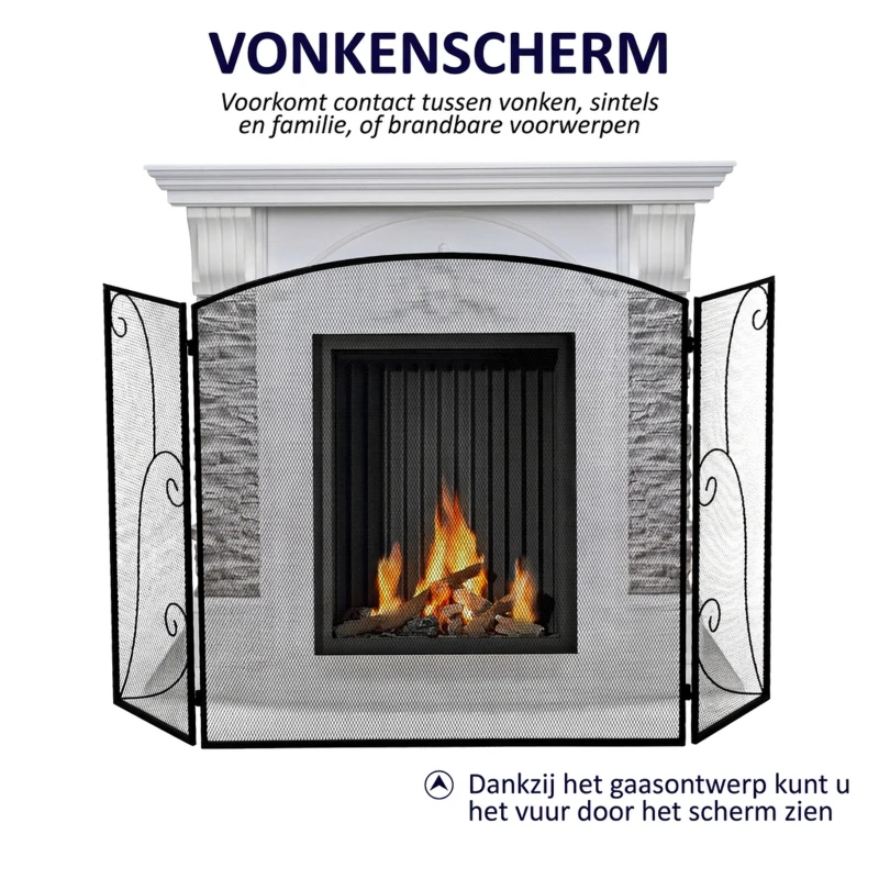 HOMCOM Vuurvonkbescherming voor haarden, 3 panelen, inklapbaar, flexibel, metaal, zwart, 132,5 x 76,5 cm.