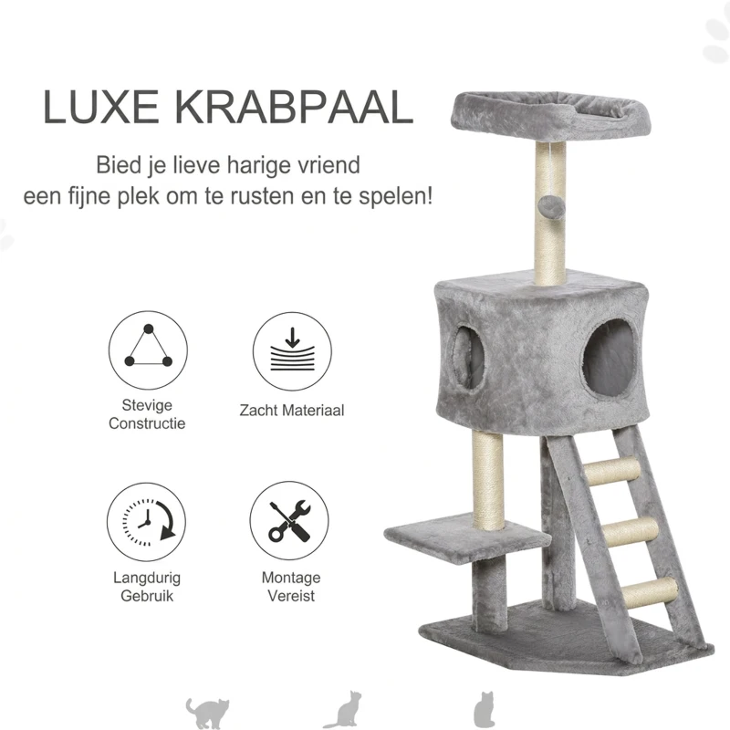PawHut krabpaal kattenboom met kattengrot trap zacht kussen E1 MDF sisal lichtgrijs