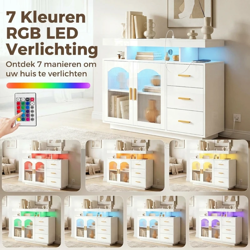 HOMCOM Dressoir met ledverlichting, ingebouwde stopcontacten, 3 lades, planken en 2 acryldeuren, hoogglans wit