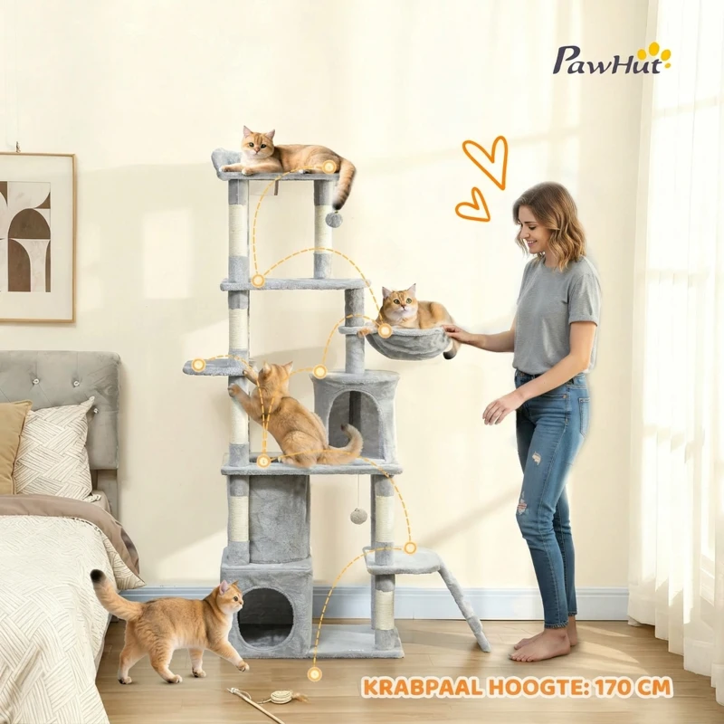 PawHut krabpaal voor katten, 170 cm, tunnel, holen, grote basis, sisalpalen, Lichtgrijs
