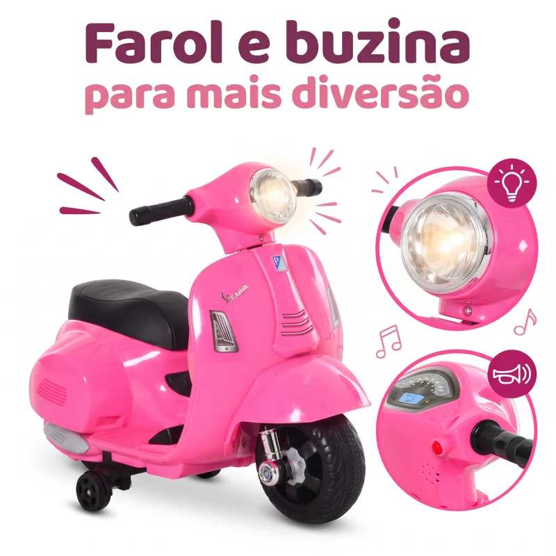 HOMCOM Mota Elétrica Infantil Vespa 6V com Farol, Buzina e Rodas Auxiliares para Crianças de 18-36 Meses Rosa 66,5x38x52 cm