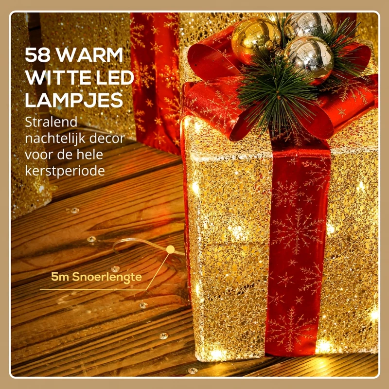 Outsunny 3-delige Kerstdecoratie Geschenkdozenset voor Binnen- en Buitendecoratie, met 58 LED-lampjes, Goudtint