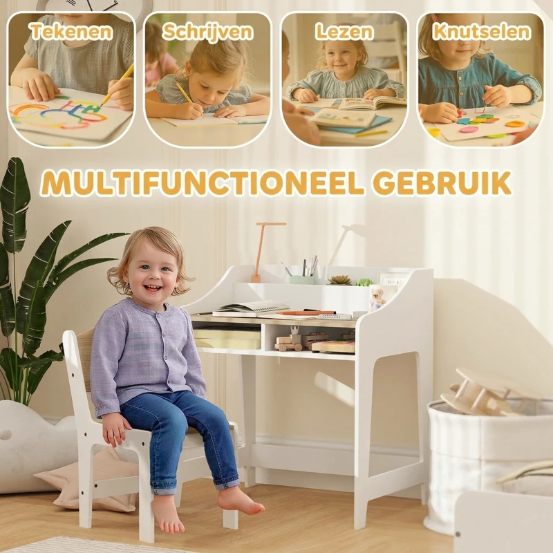 AIYAPLAY Kinder schrijftafelset met opbergruimte, open vakken, stoel, 3-8 jaar, hout